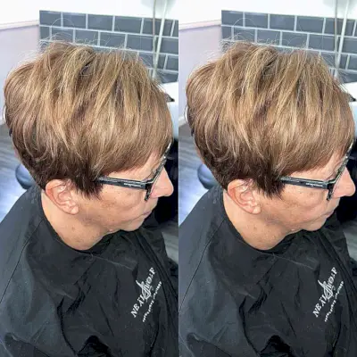 Caramel Blonde Pixie Choppy Layers for Thick Hair on Women Over 60 with Glasses