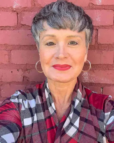 Low-Maintenance Salt and Pepper Brushed Forward Pixie