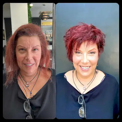 Bright Maroon Short Shag with Asymmetrical Bangs