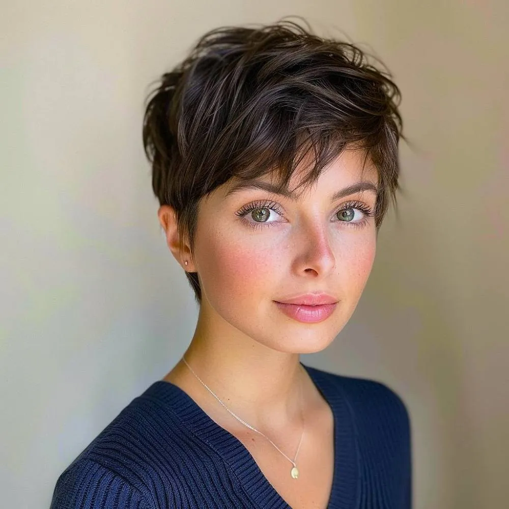 Croială pixie cu pene, cu straturi aerisite și culori brune ușoare pentru mișcare și volum moale.' title=