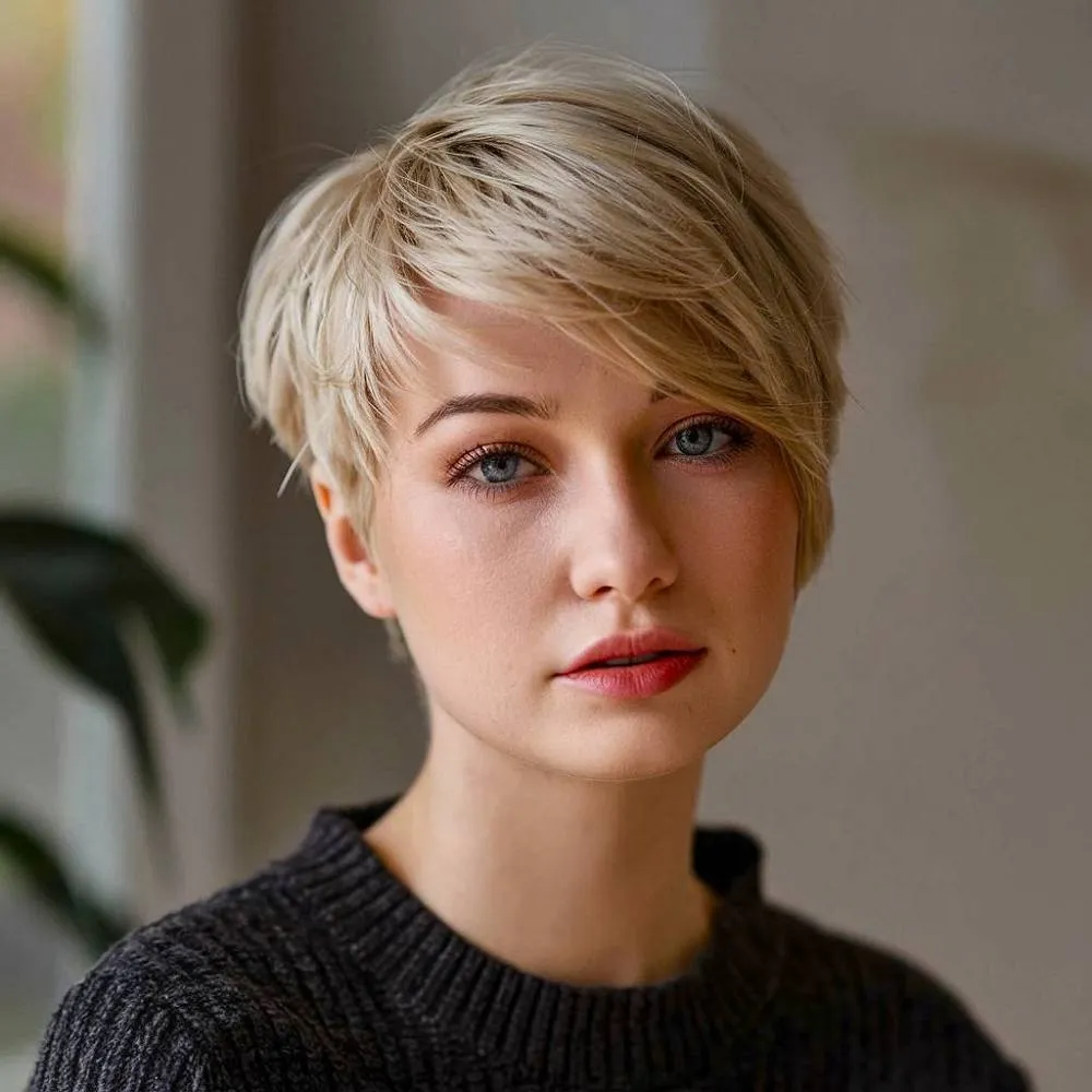 Tăitură pixie blond natural moale, cu breton măturat lateral și straturi delicate pentru o coafură scurtă elegantă fără efort' title=