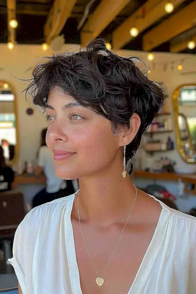 Trendy Textured Layered Pixie Mullet Hairstyle with Side-Swept Fringe