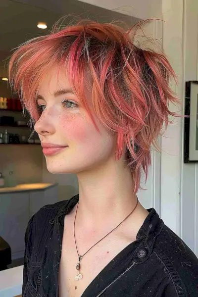 Mid-20s woman with textured medium-length pixie mullet in pink and peach tones, embodying an edgy emo style