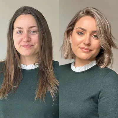 Low-Maintenance Short Bob Makeover for women with balayage and pretty eyes