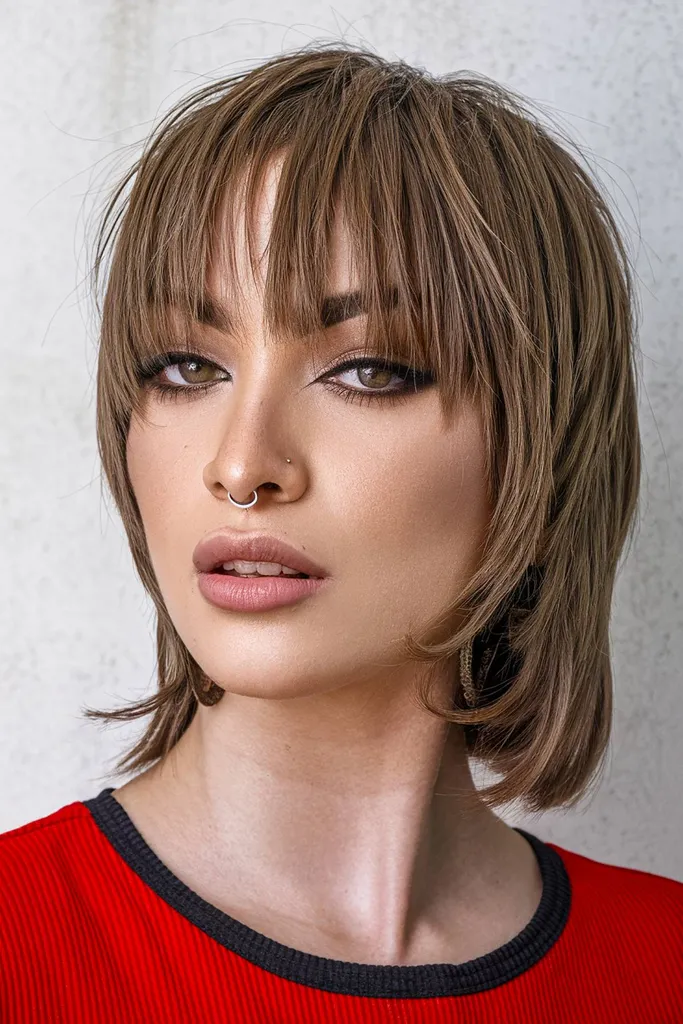 앞머리가 있는 짧은 울프컷' title=