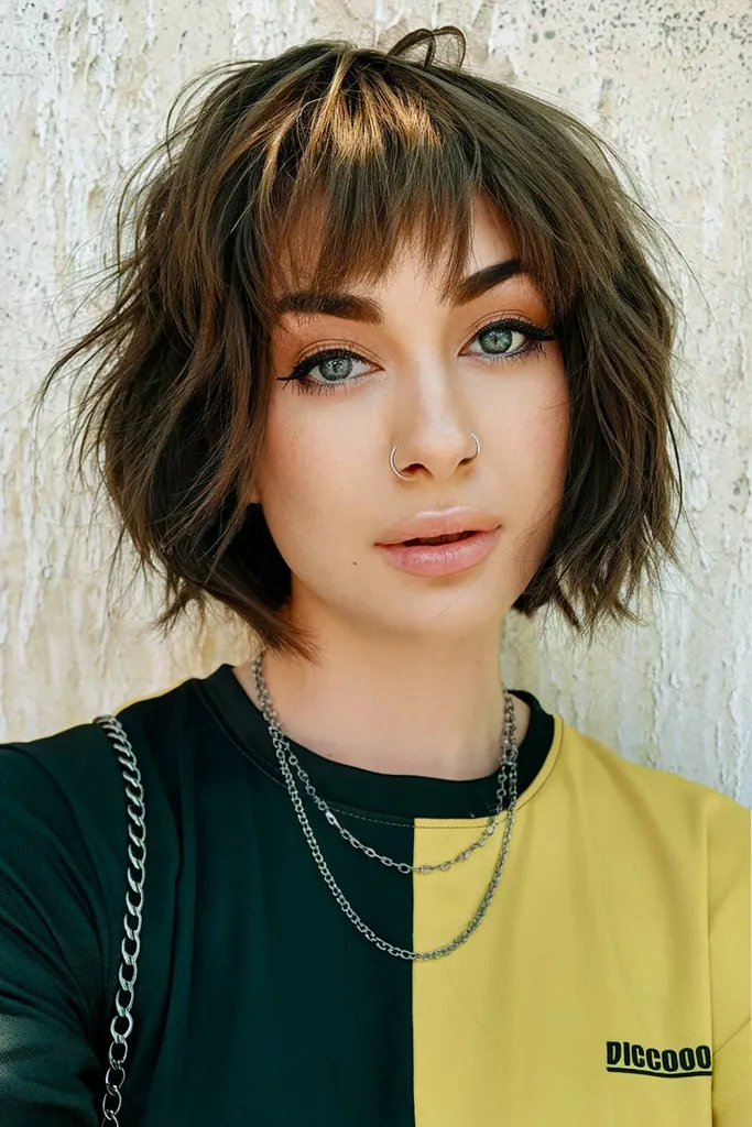 푹신한 짧은 울프 컷' title=