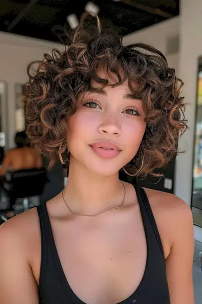 shorter curly bob with bangs