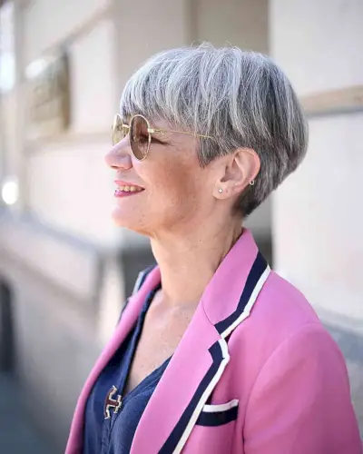 Chic Pixie-Bowl Haircut for Thick Haired older women with glasses