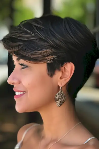 Woman with short sleek side-swept thick pixie and tapered nape