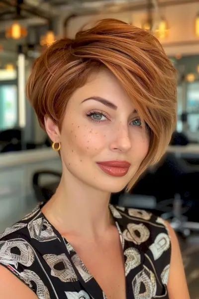 Thick pixie bob with medium to long layers and side bangs