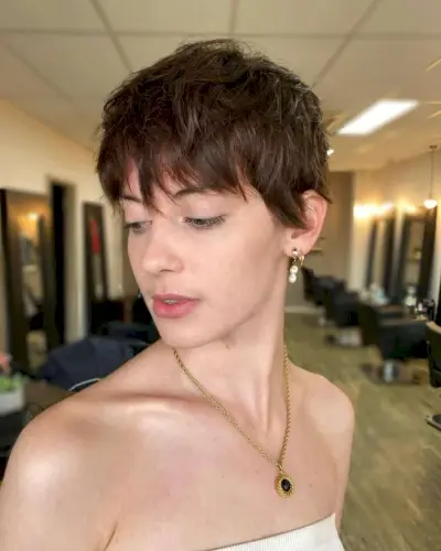 Brunette pixie cut on thick tresses