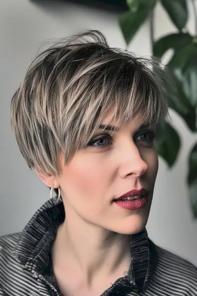 Short feathered thick pixie haircut with balayage highlights