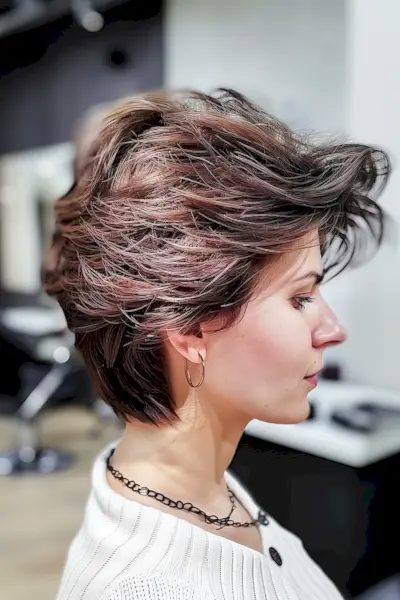 Woman with voluminous windswept layered haircut and multi-tonal highlights