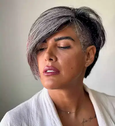 Long Fringe and Shaved Side on a Short Pixie for Thick Hair