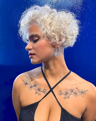 Cheek-Length Curls on White Blonde Thick Hair