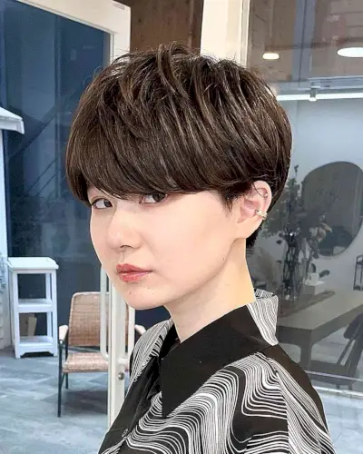 Short Androgynous Cut with Bangs and Crown Layers for Thick Hair