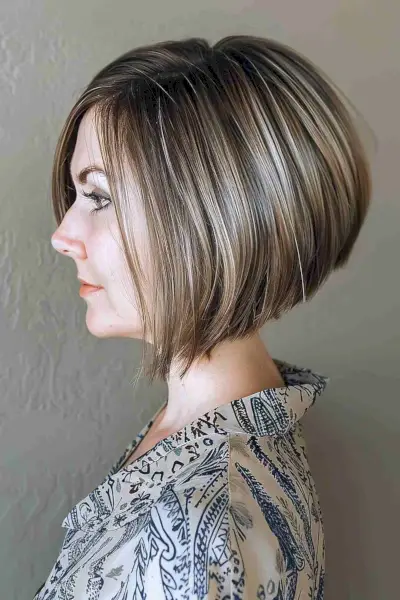 Trendy inverted bob hairstyle for thick hair with sleek layers and a graduated angle