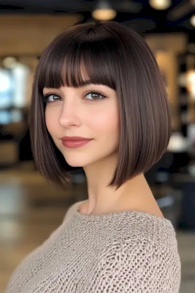 A thick short bob with bangs