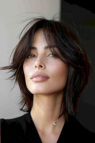 Chic woman with a short wolf cut and long fringe