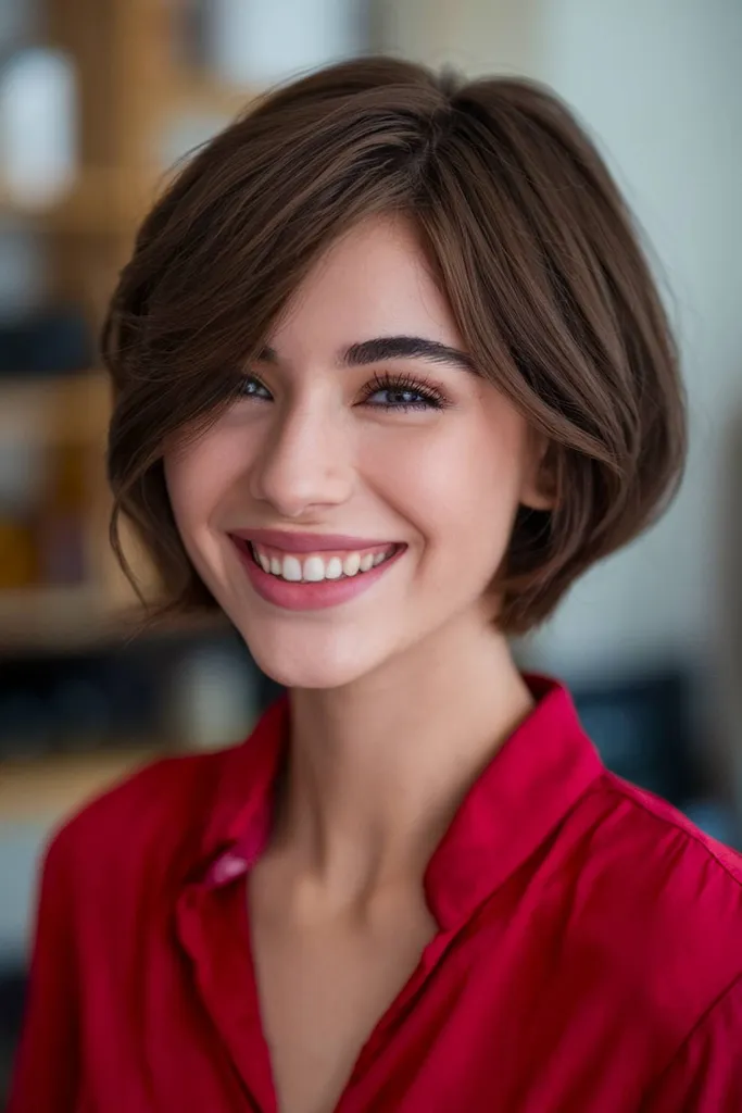 Cabelo escuro curto e elegante com uma parte lateral profunda para um toque elegante e moderno' title=