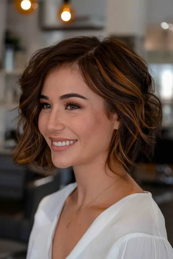 Cabelo curto e escuro com mechas caramelo penteado em ondas desgrenhadas para maior dimensão' title=