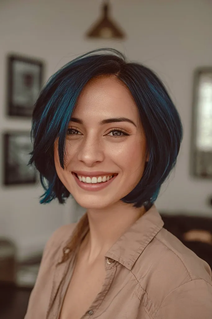 Cabelo escuro curto com um tom azul vibrante para um estilo moderno e único' title=