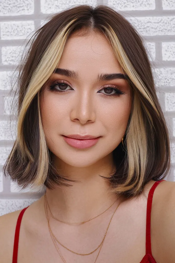 Cabelo escuro curto e moderno com uma moeda loira ousada para contraste e dimensão' title=