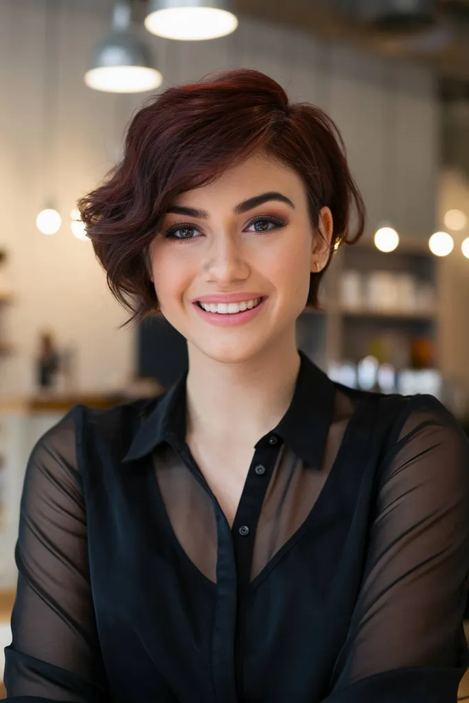 Cabelo curto ruivo escuro com corte assimétrico para um look ousado e moderno' title=