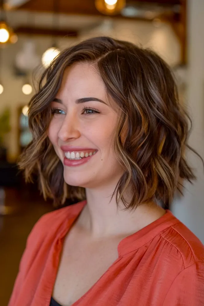 Cabelo curto castanho escuro com luzes sutis adicionando profundidade e dimensão para um acabamento natural' title=