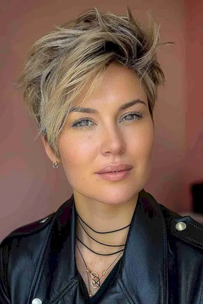 Punk-inspired choppy pixie cut with voluminous crown for heart-shaped faces.