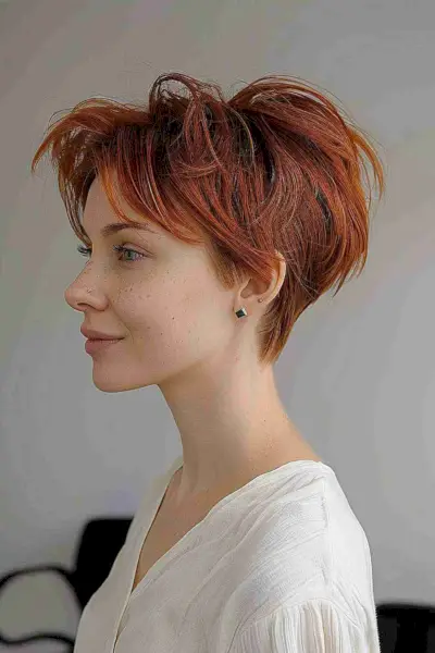 Short Choppy Pixie Cut with a Playful Ponytail for a Trendy, Low-Maintenance Look