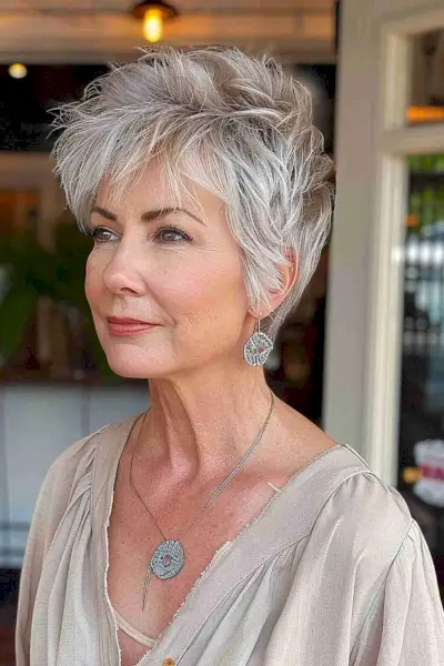 Platinum Textured Choppy Pixie Cut for Elegant Mature Women