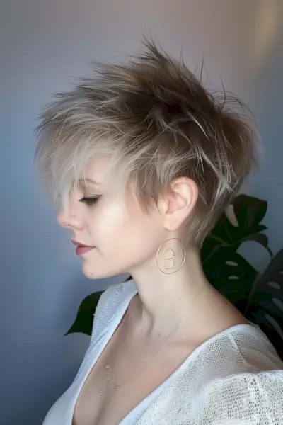 Young woman with a short, textured pixie haircut featuring a blonde tousled top and dark undercut