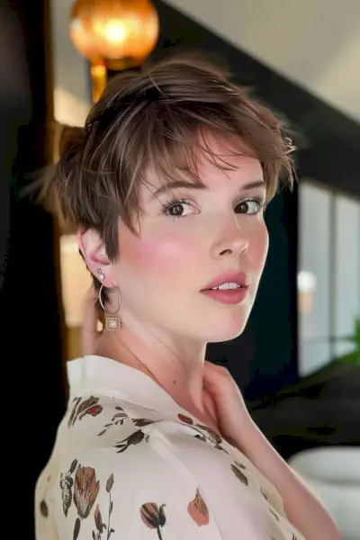 Elegant young woman with a short layered choppy pixie cut and side-swept fringe in a chic interior