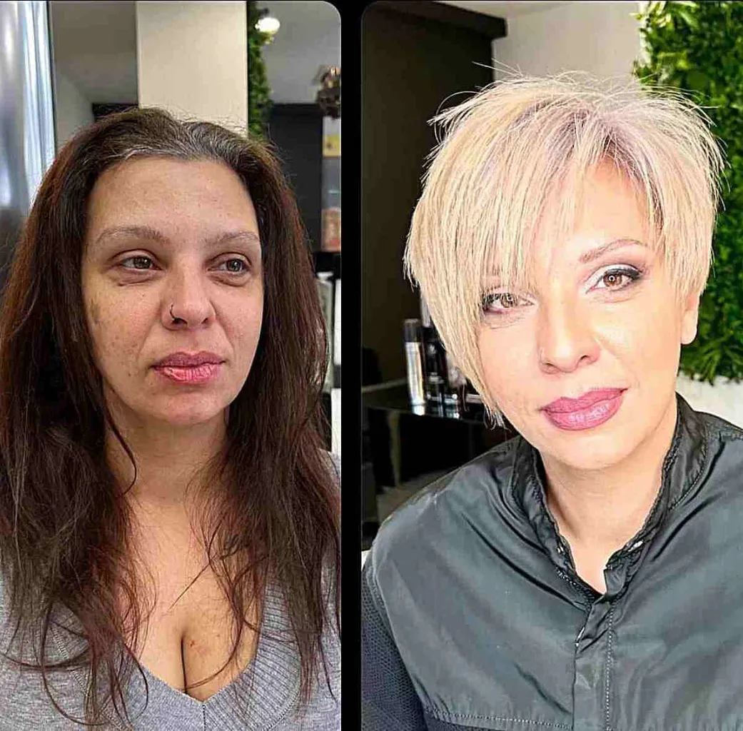 손상된 머리카락을 가진 나이든 여성을 위한 길고 고르지 못한 앞머리가 있는 날카로운 금발 픽시' title=