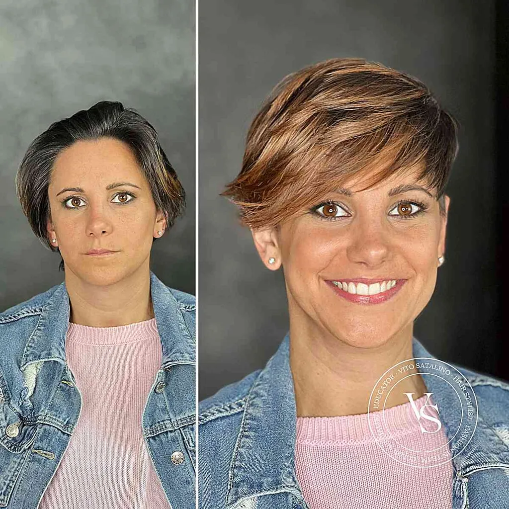 연한 갈색 머리를 가진 여성을 위한 Pixie의 긴 앞머리' title=