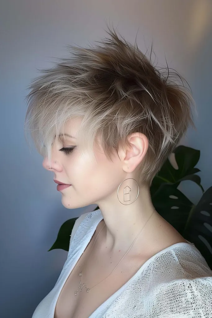 Mujer joven con un corte de pelo corto de duendecillo texturizado que presenta una blusa rubia despeinada y un corte oscuro' title=