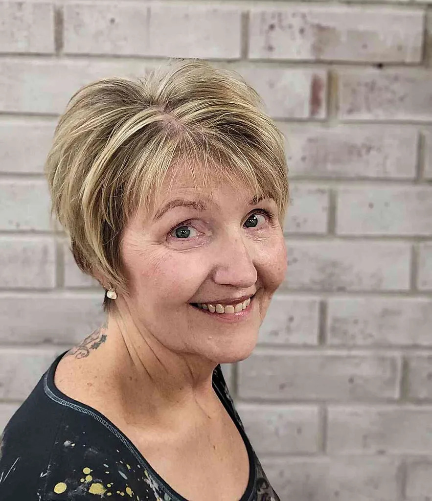 גזרת פיקסי בעלת מרקם ארוך עם פוני חושים ובליאז' בלונדיני' title=