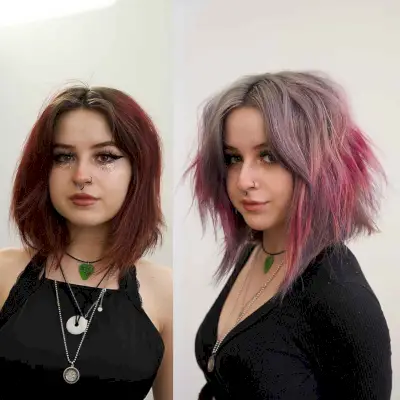 edgy long bob with pink highlights