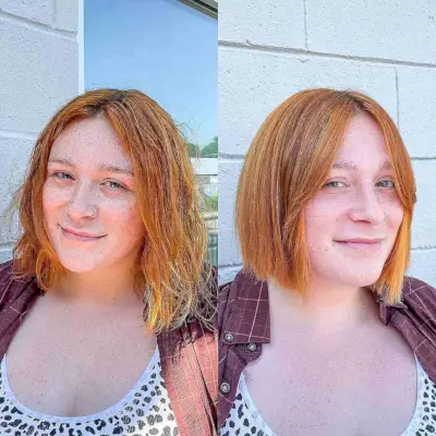 Middle Part Bangs and Textured Ends on Bobbed Hair for Chubby Faces