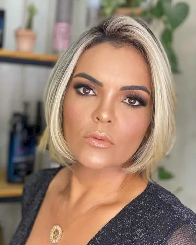 short blonde bob with a side part and low graduation