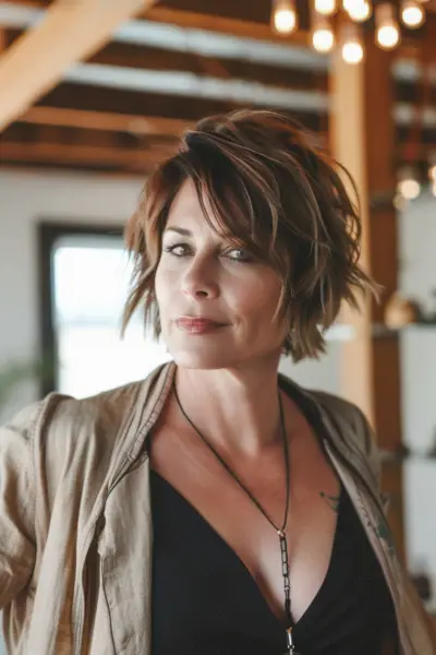 Woman with Short Textured Balayage Bob with Waves and Spikes