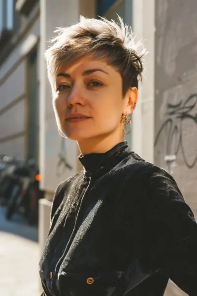Chic Woman with Spiky Pixie Cut and Highlighted Tips