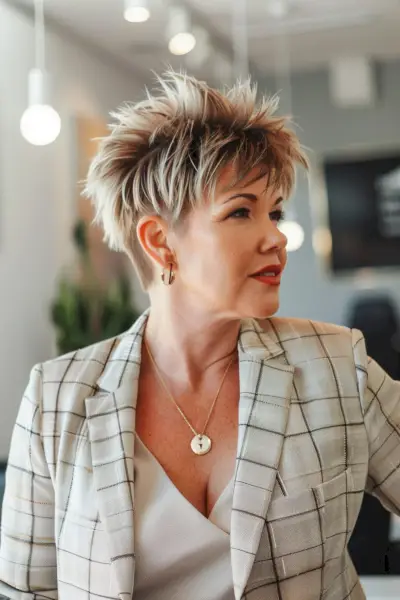 Elegant Woman with Sun-Kissed Voluminous Spiky Pixie Hairstyle