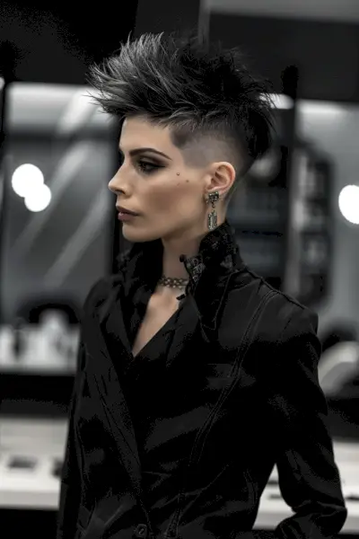 The structured spiky faux hawk pictured here is not just a cut but a statement of confidence and boldness. Ideal for those who want to express a fierce, fashion-forward persona, this style requires a thick hair type to maintain volume and structure. The cut is versatile and flatters most face shapes, especially enhancing strong jawlines or angular features. While this look is high-impact, it also demands regular salon visits to keep the precision of the sides and the textured height on top. For styling, a strong-hold gel or wax is essential to keep the spikes defined throughout the day.