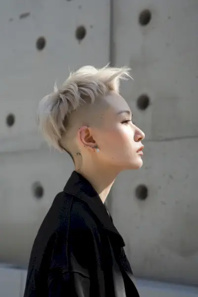 Fashion-Forward Woman with Platinum Blonde Undercut Spiky Pixie