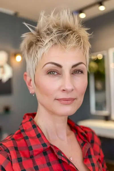 spiky pixie for older women with front blonde strands