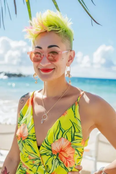 Woman with Neon Yellow-Green Undercut Pixie and Pink Tips