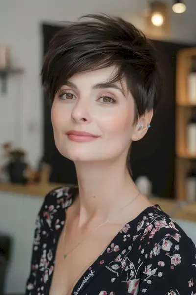 Short textured pixie cut with side-swept bangs for fine hair