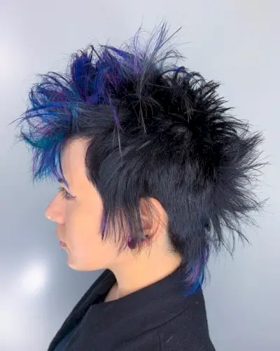 Edgy Spiky Style with Bangs and Blue Highlights